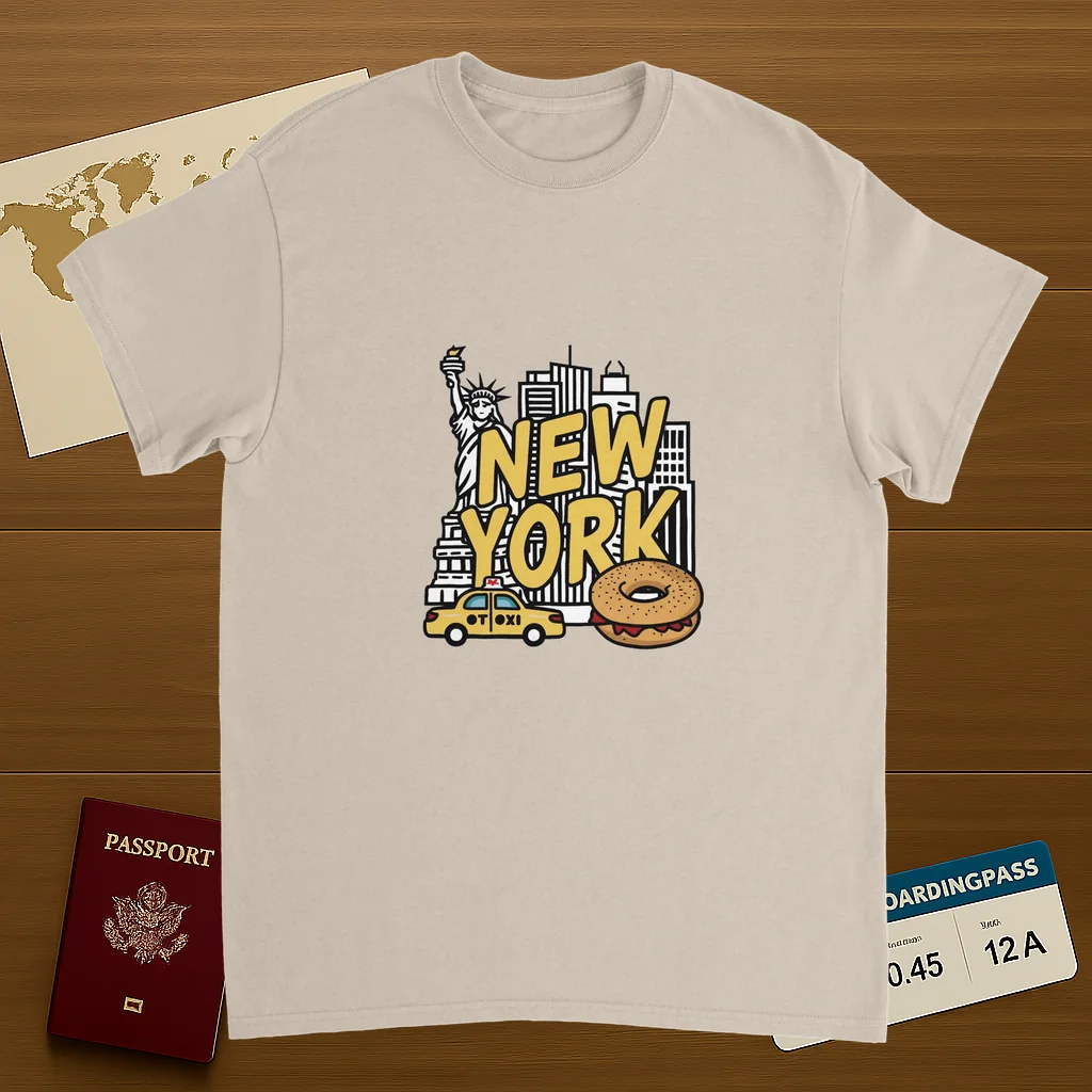 New York USA Unisex Travel T-Shirt on wooden background with world map, passport, and boarding pass