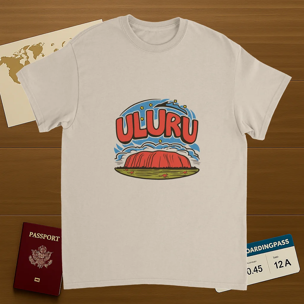 Uluru Australia Unisex Travel T-Shirt on wooden background with world map, passport, and boarding pass