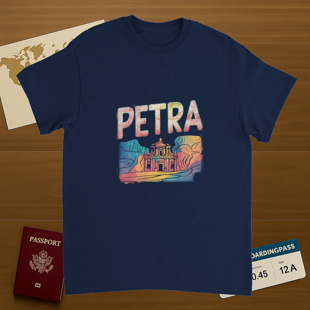 navy Petra Jordan Unisex Travel T-Shirt on wooden background with world map, passport, and boarding pass