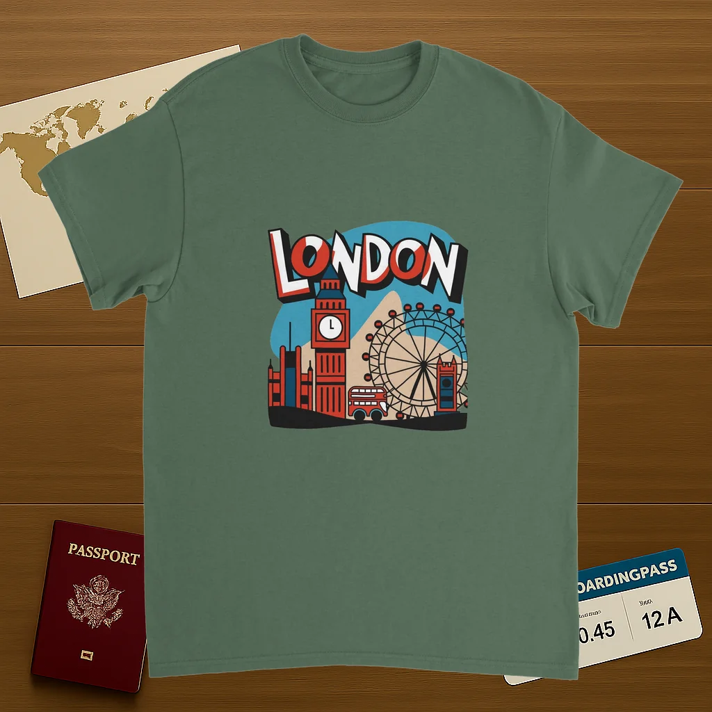 military green London England Unisex Travel T-Shirt on wooden background with world map, passport, and boarding pass
