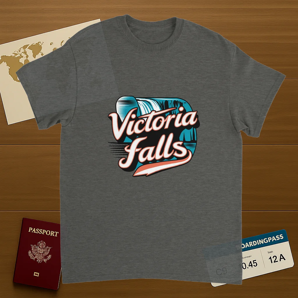 Victoria Falls Unisex Travel T-Shirt on wooden background with world map, passport, and boarding pass