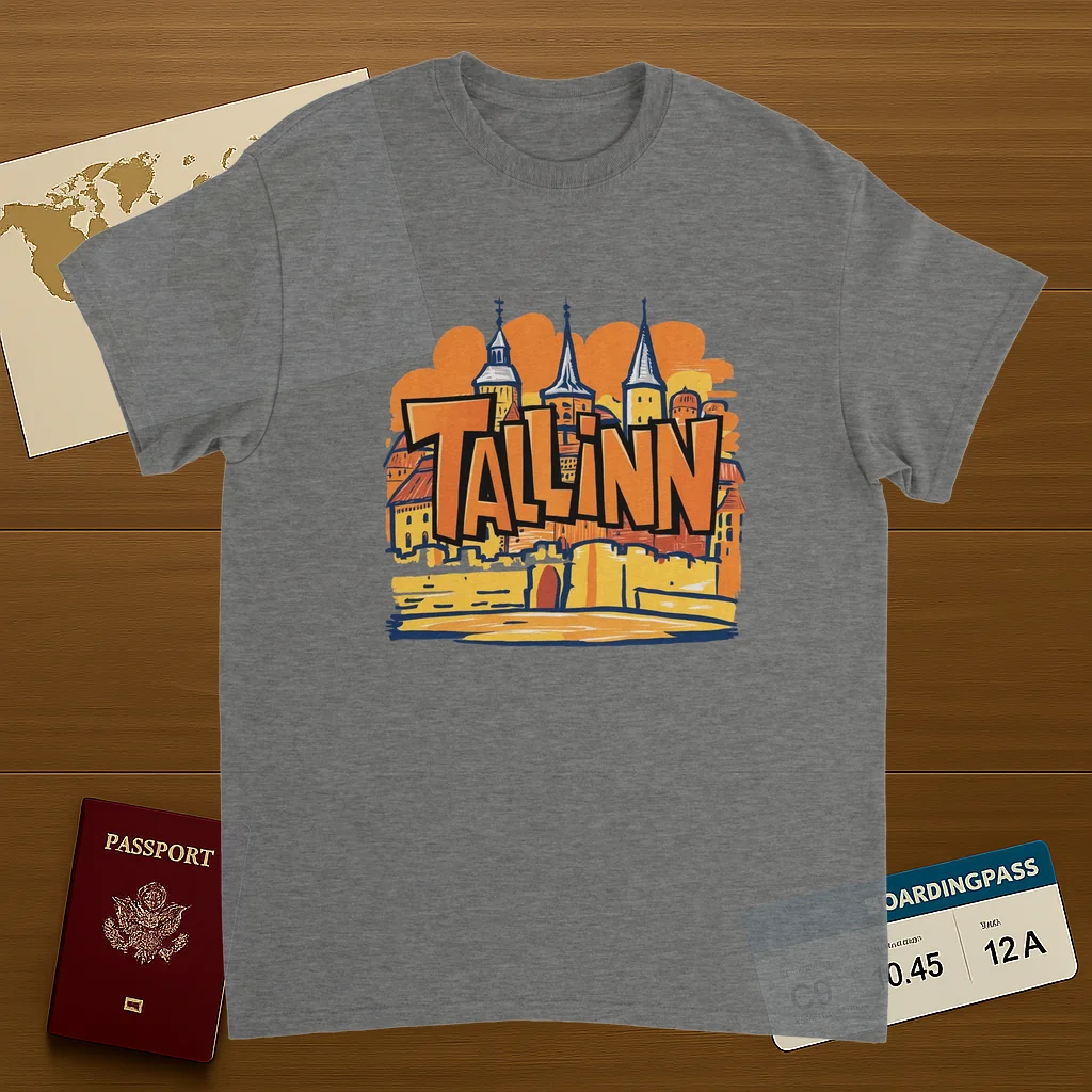 sport grey Tallinn Estonia Unisex Travel T-Shirt on wooden background with world map, passport, and boarding pass