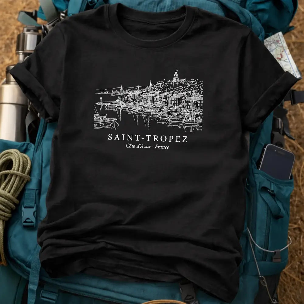 Saint-Tropez France Travel T-Shirt - Côte d'Azur Yacht Harbor Heavyweight Cotton Tee