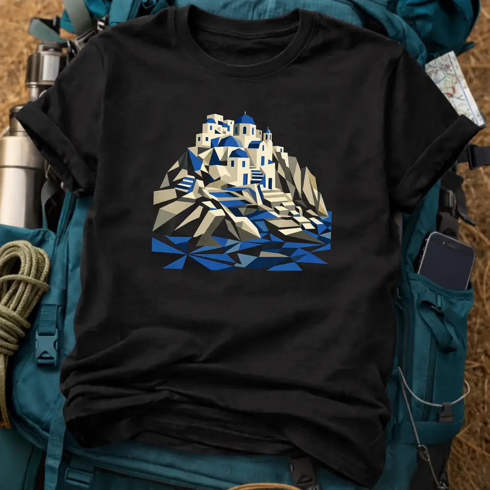Santorini Greece Cubist T-Shirt – Modern Art Aegean Sea Graphic Tee