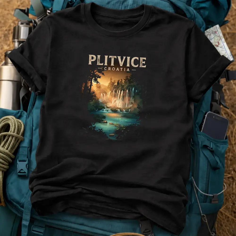 Plitvice Croatia T-Shirt – Retro Sunset Waterfall Graphic Tee