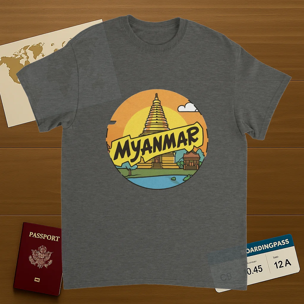 Myanmar Unisex Travel T-Shirt on wooden background with world map, passport, and boarding pass