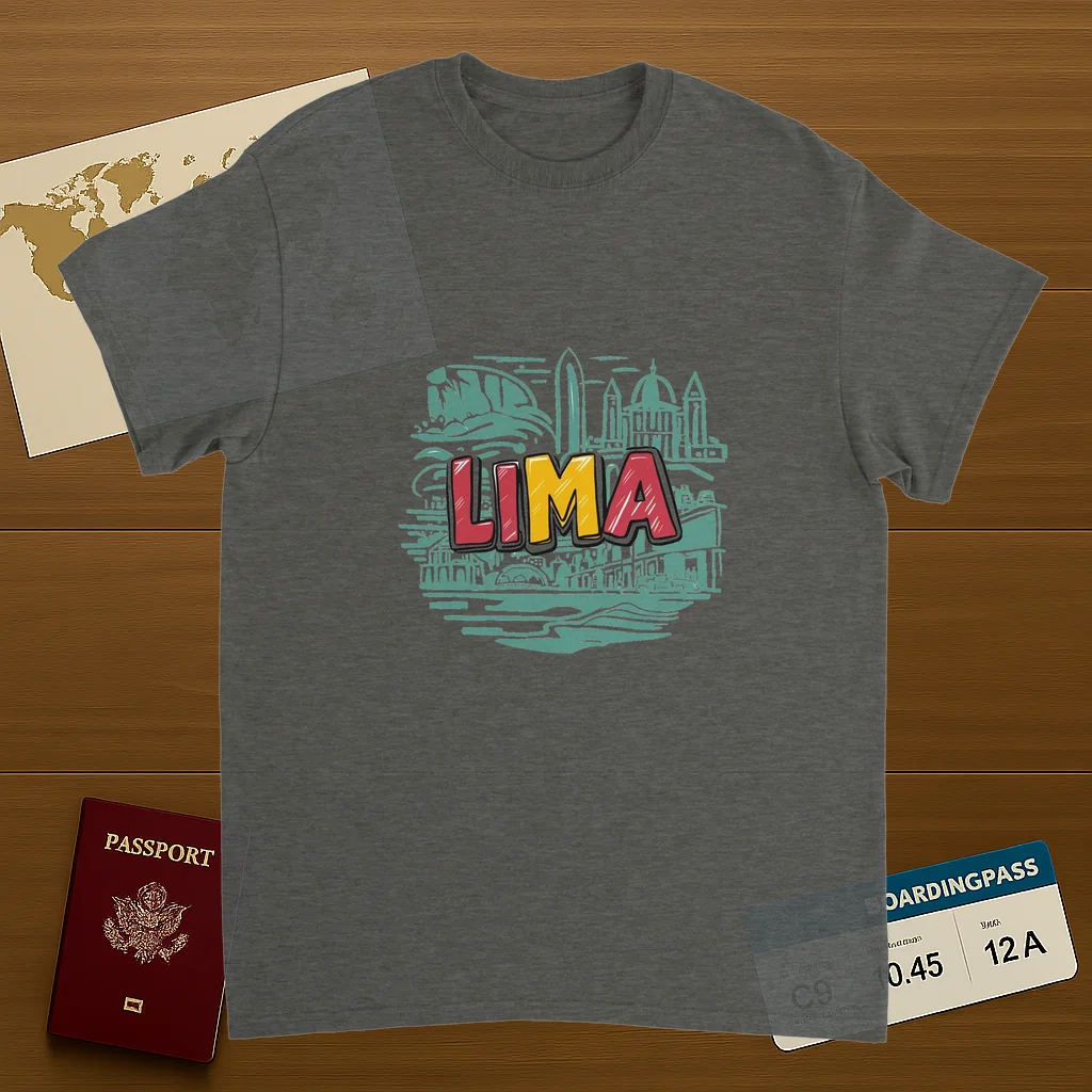 Lima Peru Unisex Travel T-Shirt on wooden background with world map, passport, and boarding pass