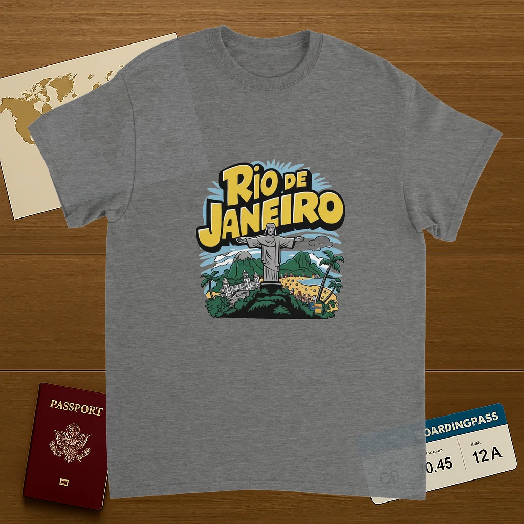 sport grey Rio de Janeiro Brazil Unisex Travel T-Shirt on wooden background with world map, passport, and boarding pass