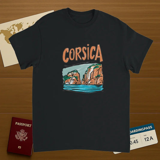 black Corsica Unisex Travel T-Shirt on wooden background with world map, passport, and boarding pass