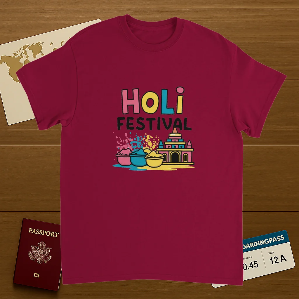 cardinal red Holi Festival Mathura India Unisex Travel T-Shirt on wooden background with world map, passport, and boarding pass