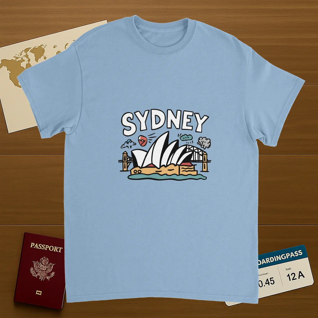 light blue Sydney Australia Unisex Travel T-Shirt on wooden background with world map, passport, and boarding pass