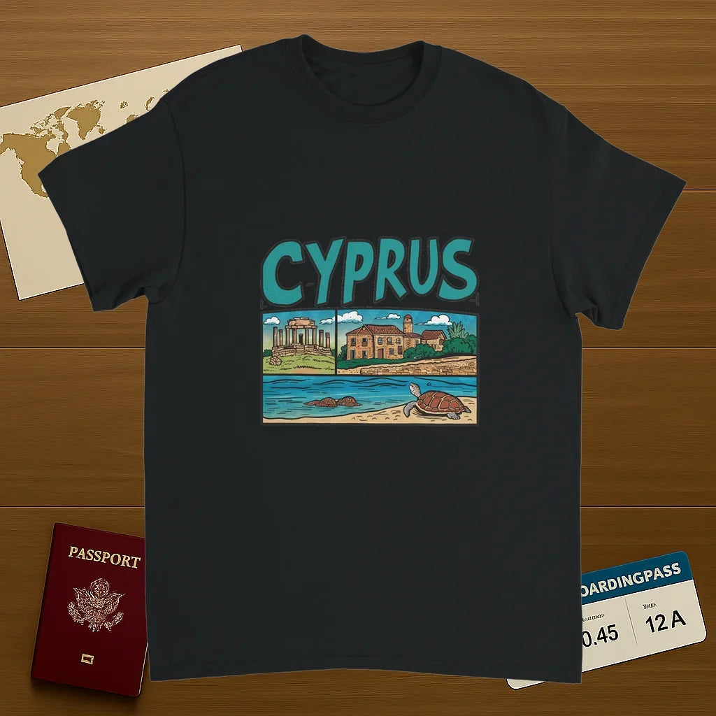 black Cyprus Unisex Travel T-Shirt on wooden background with world map, passport, and boarding pass