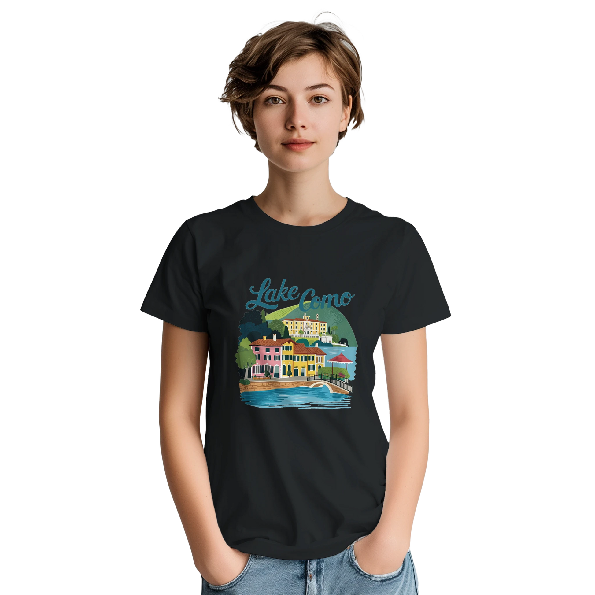 Lake Como Italy Unisex Travel T-Shirt featuring a person from the front