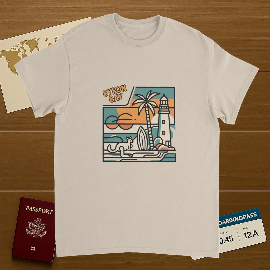 Byron Bay Australia Unisex Travel T-Shirt on wooden background with world map, passport, and boarding pass