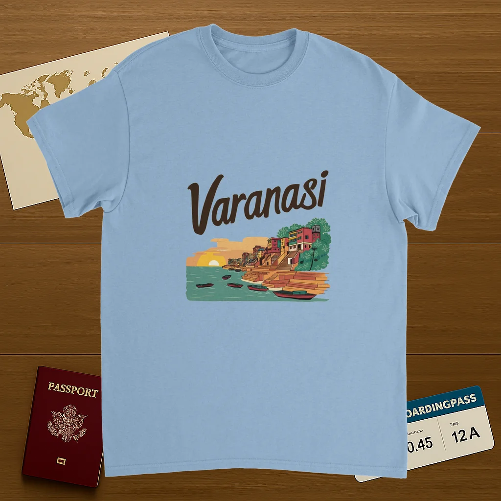 light blue Varanasi India Unisex Travel T-Shirt on wooden background with world map, passport, and boarding pass
