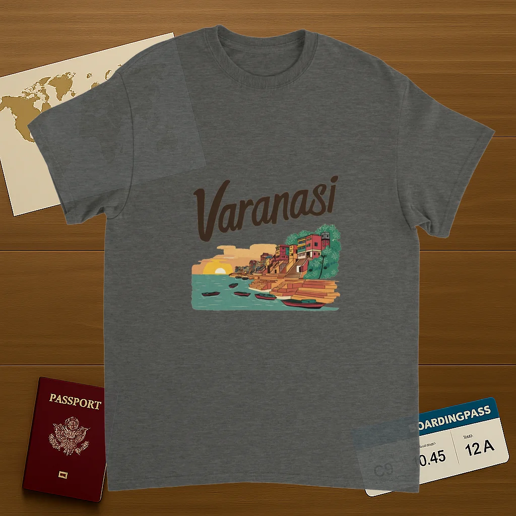 Varanasi India Unisex Travel T-Shirt on wooden background with world map, passport, and boarding pass