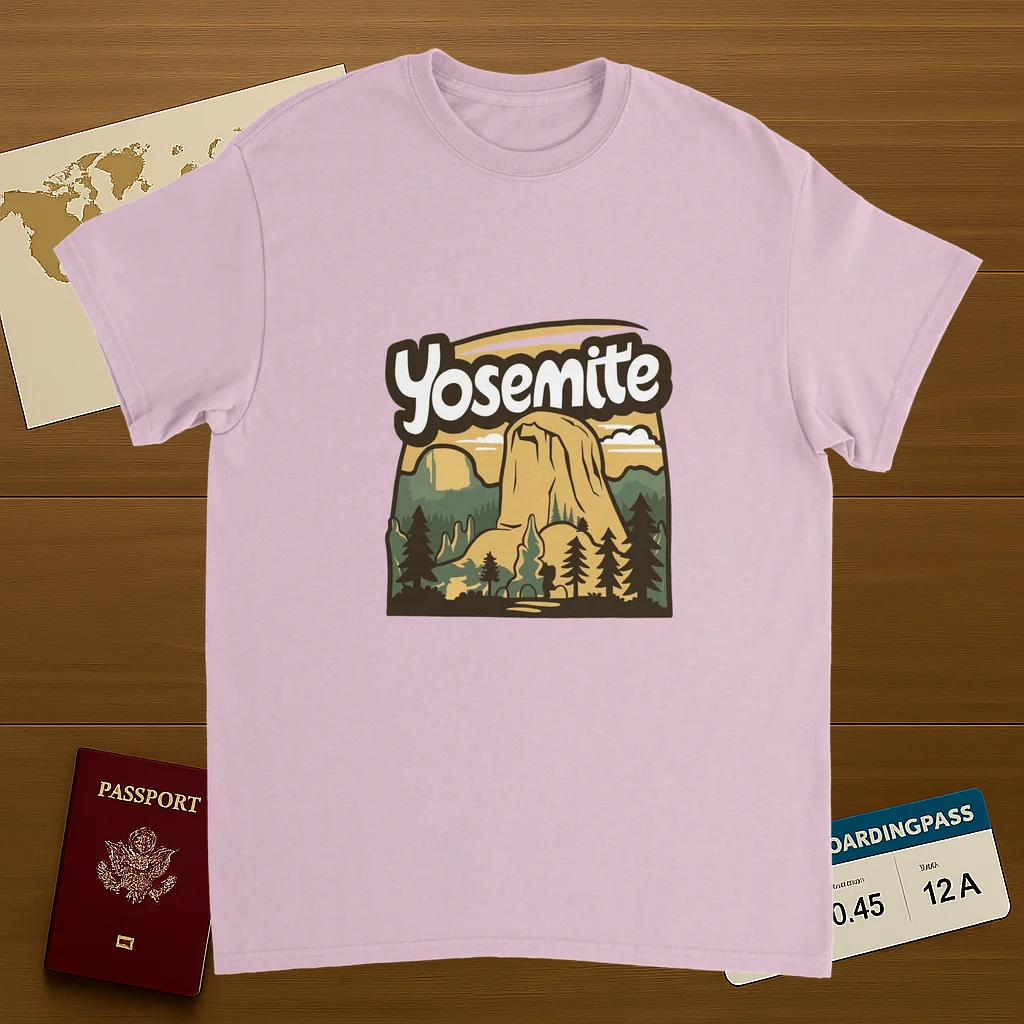 light pink Yosemite USA Unisex Travel T-Shirt on wooden background with world map, passport, and boarding pass