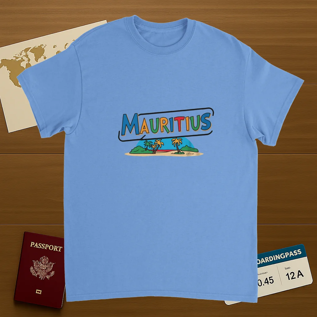 carolina blue Mauritius Unisex Travel T-Shirt on wooden background with world map, passport, and boarding pass