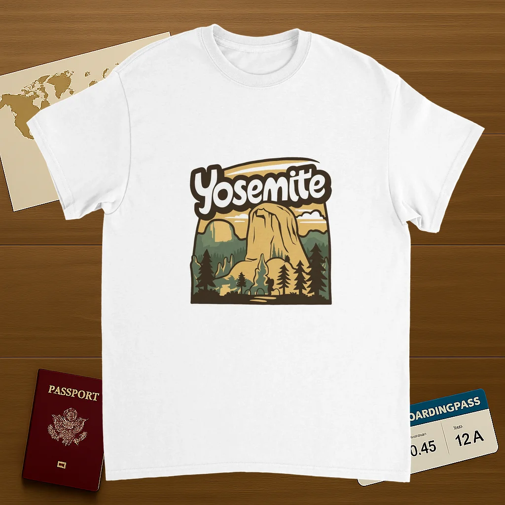 white Yosemite USA Unisex Travel T-Shirt on wooden background with world map, passport, and boarding pass