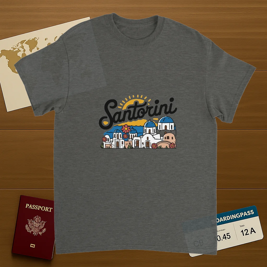 Santorini Greece Unisex Travel T-Shirt on wooden background with world map, passport, and boarding pass