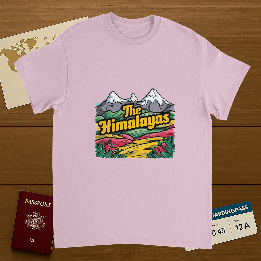light pink Himalayas Unisex Travel T-Shirt on wooden background with world map, passport, and boarding pass