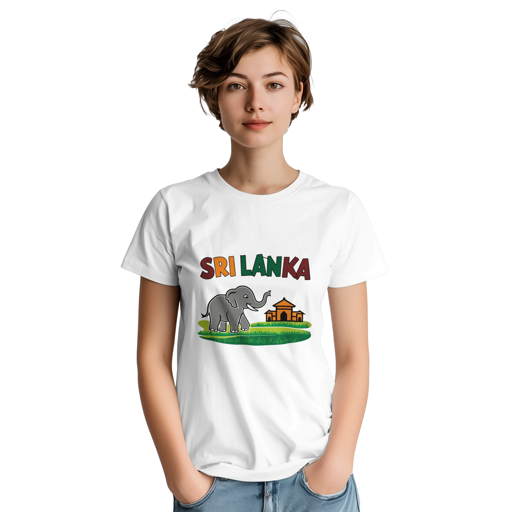 Sri Lanka Unisex Travel T-Shirt on wooden background with world map, passport, and boarding pass