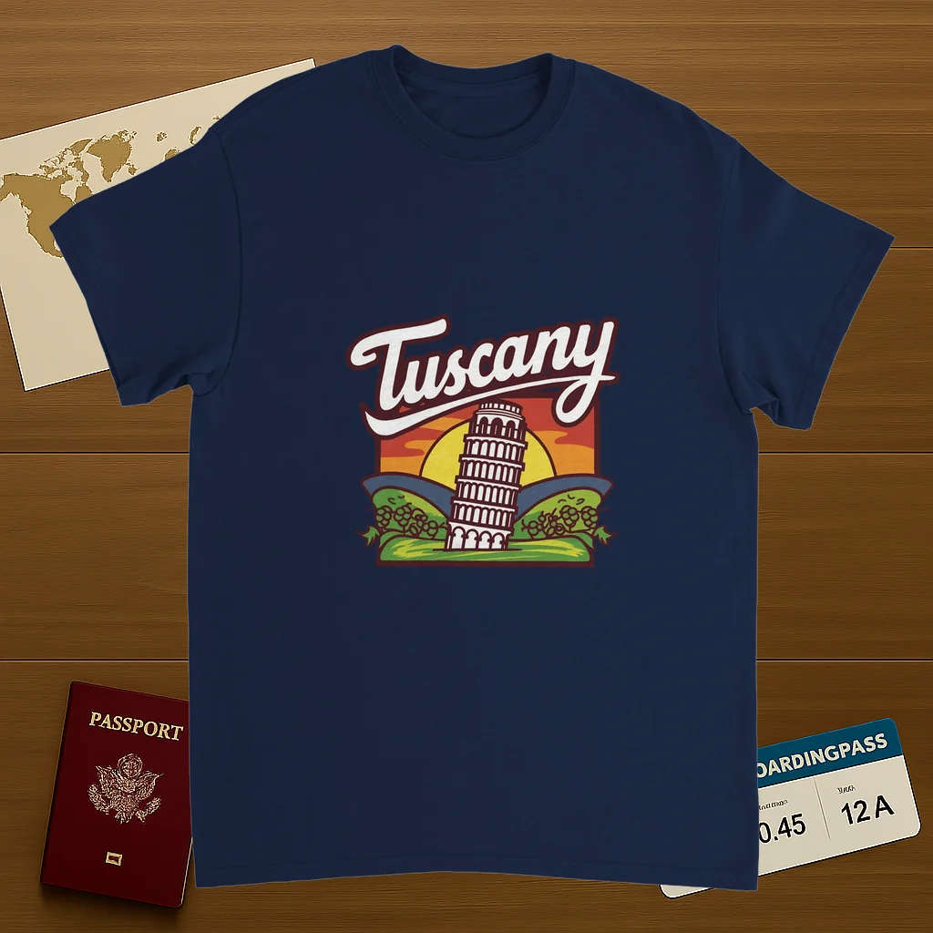 navy Tuscany Italy Unisex Travel T-Shirt on wooden background with world map, passport, and boarding pass