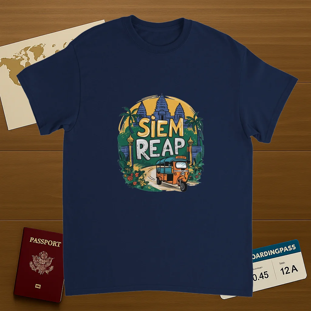 navy Siem Reap Cambodia Unisex Travel T-Shirt on wooden background with world map, passport, and boarding pass