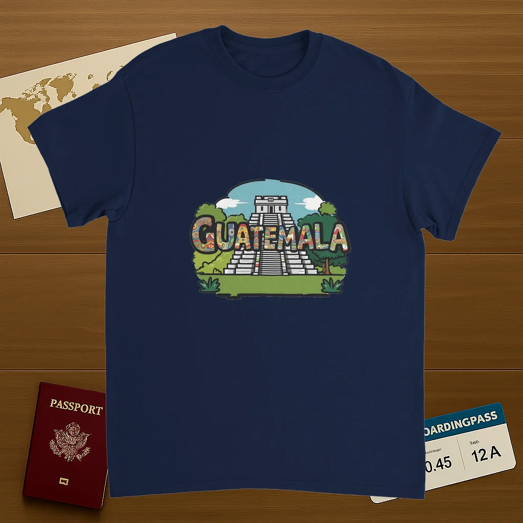 navy Guatemala Unisex Travel T-Shirt on wooden background with world map, passport, and boarding pass