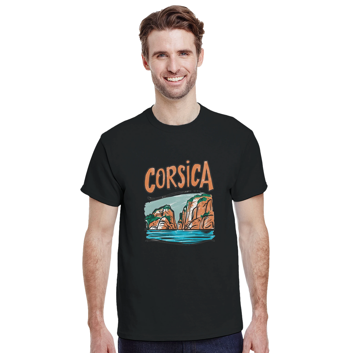 Corsica Unisex Travel T-Shirt featuring a man