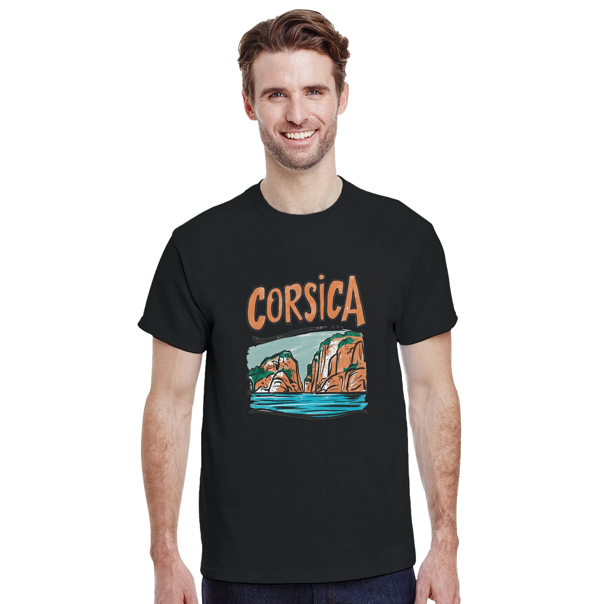Corsica Unisex Travel T-Shirt featuring a man