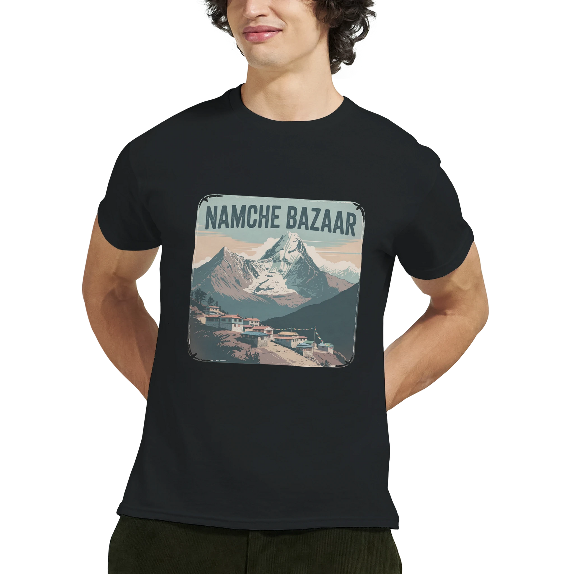 Namche Bazaar Nepal Unisex Travel T-Shirt featuring a man