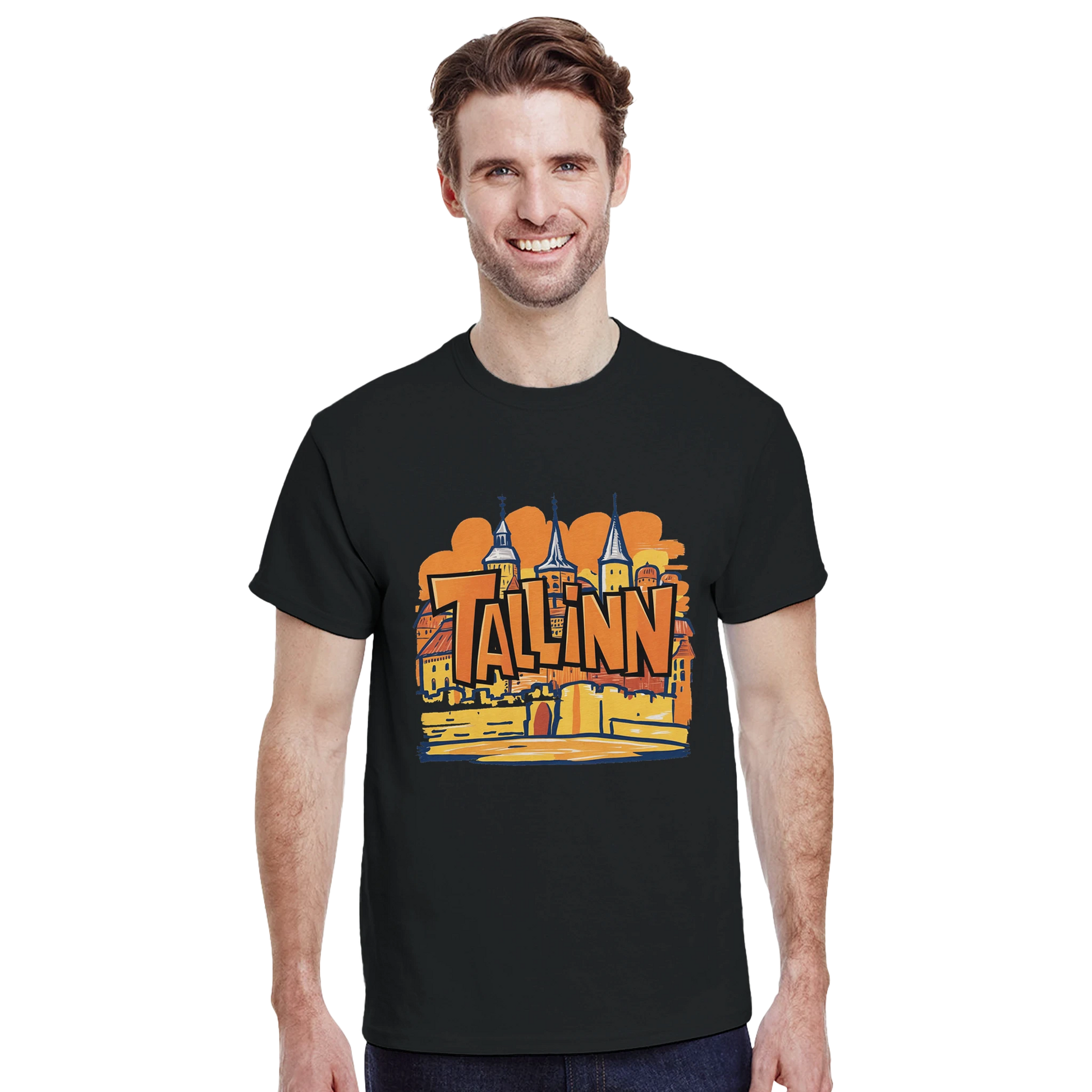 Tallinn Estonia Unisex Travel T-Shirt featuring a man from the front