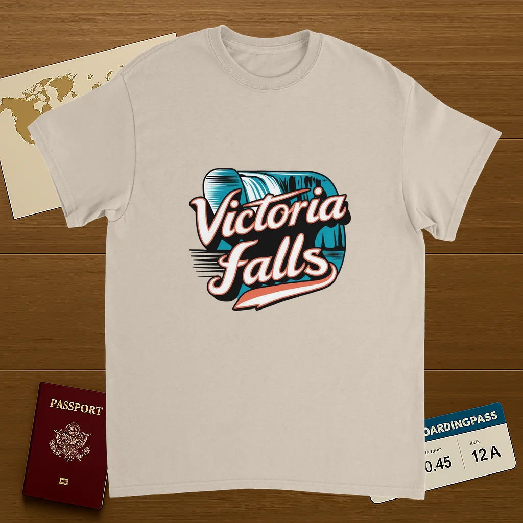 Victoria Falls Unisex Travel T-Shirt on wooden background with world map, passport, and boarding pass