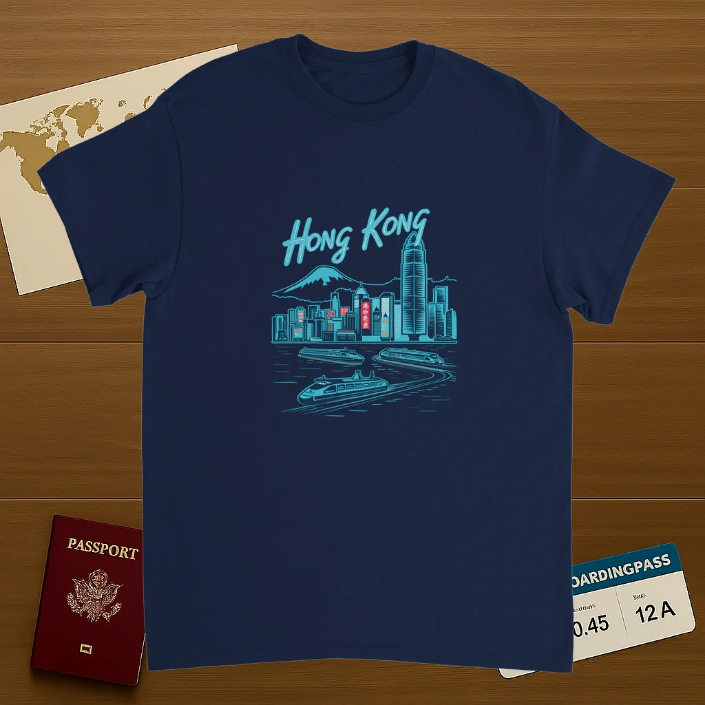 navy Hong Kong Unisex Travel T-Shirt on wooden background with world map, passport, and boarding pass