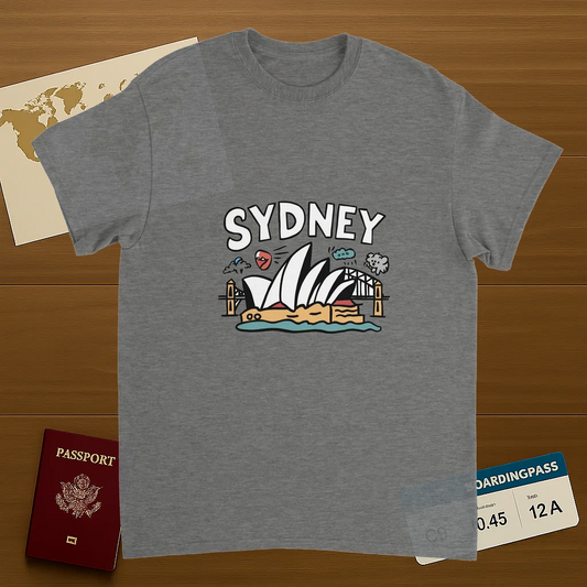 sport grey Sydney Australia Unisex Travel T-Shirt on wooden background with world map, passport, and boarding pass