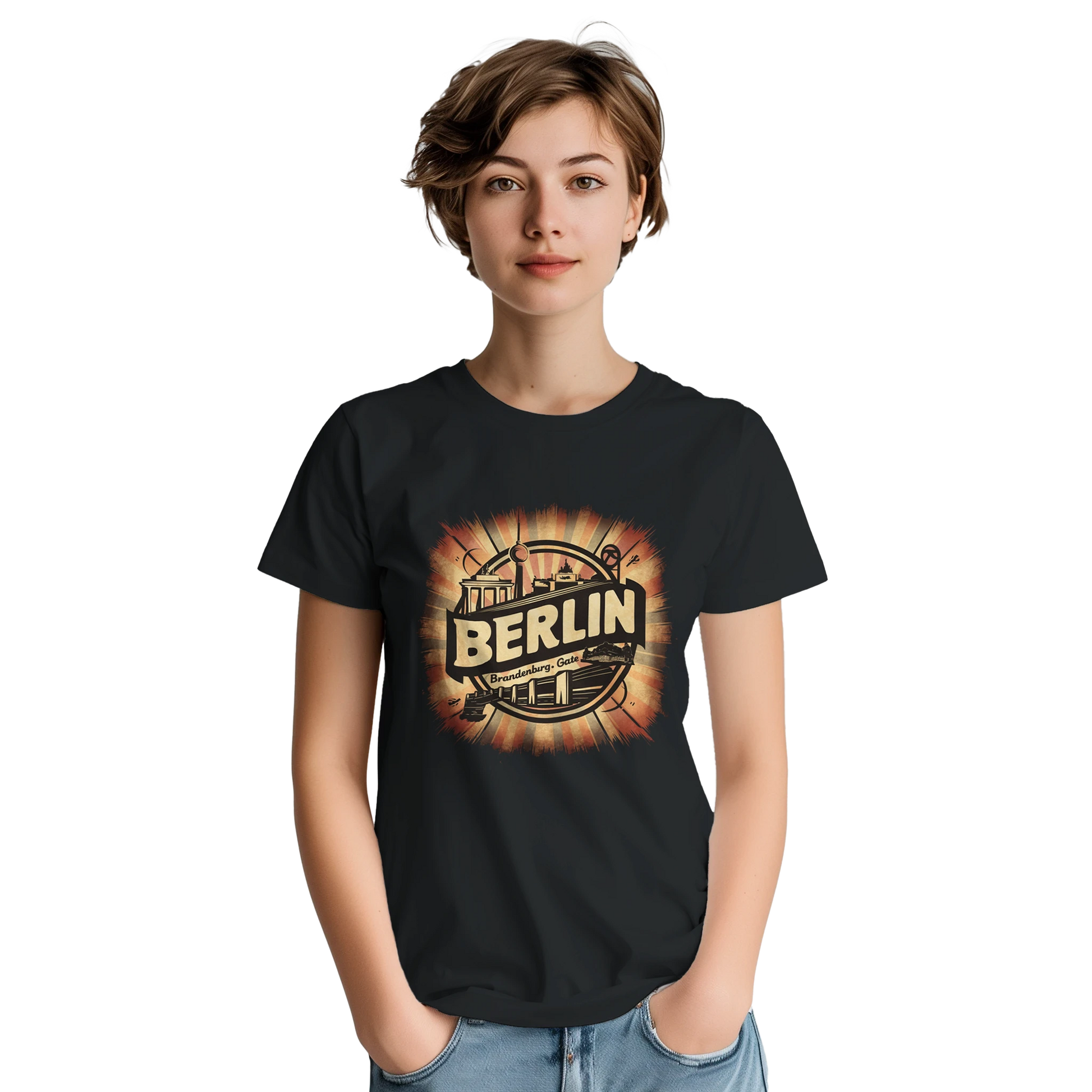 Berlin Germany Unisex Travel T-Shirt on wooden background with world map, passport, and boarding pass