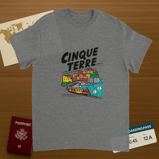 sport grey Cinque Terre Italy Unisex Travel T-Shirt on wooden background with world map, passport, and boarding pass