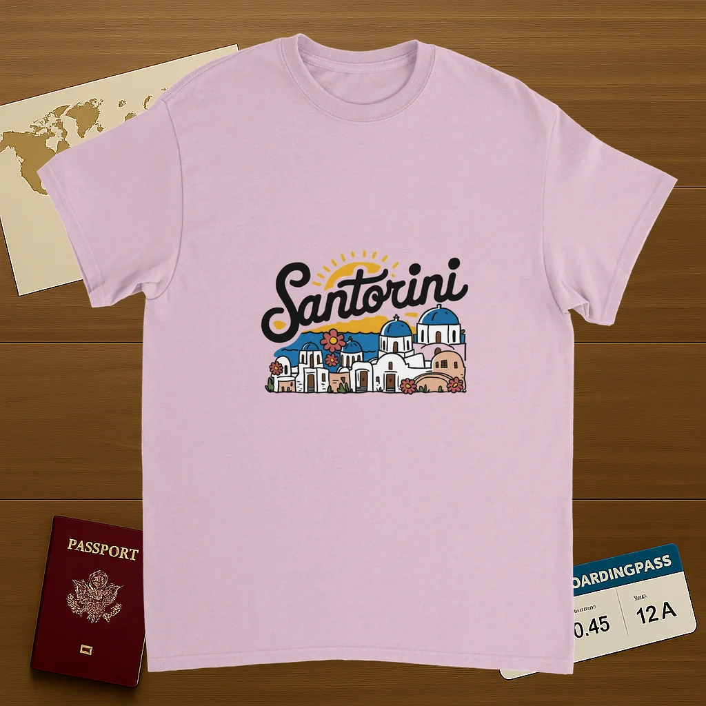 light pink Santorini Greece Unisex Travel T-Shirt on wooden background with world map, passport, and boarding pass