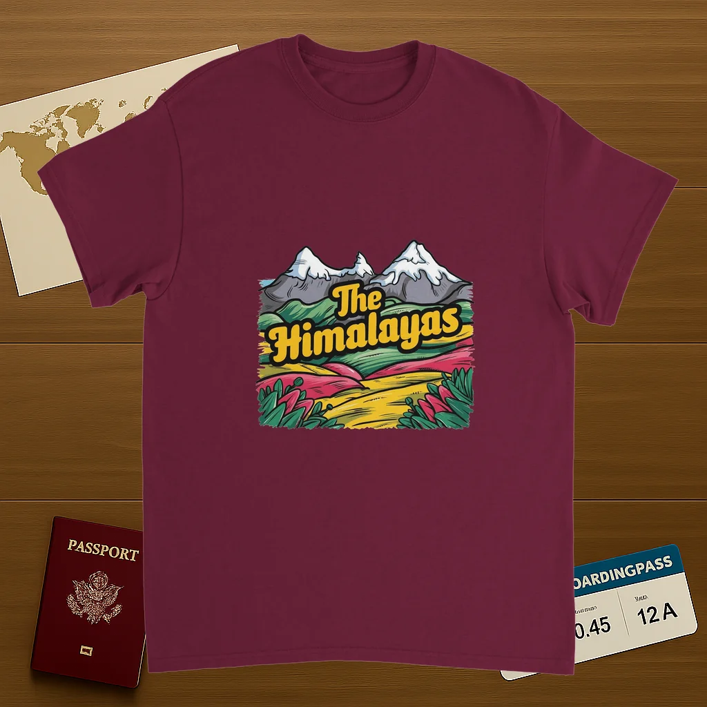 Himalayas Unisex Travel T-Shirt on wooden background with world map, passport, and boarding pass