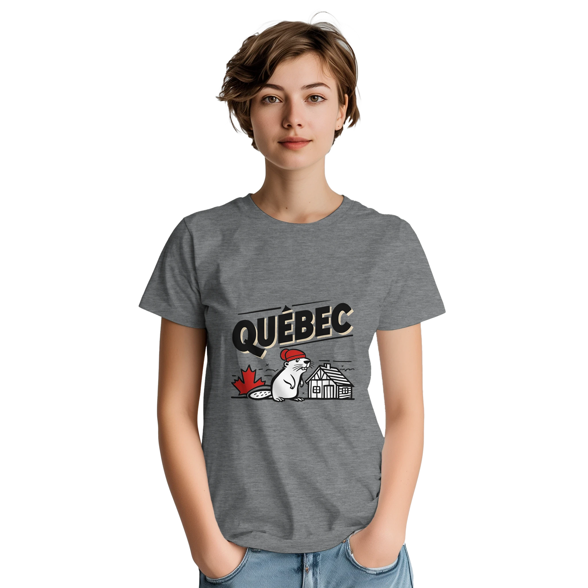 Quebec Canada Unisex Travel T-Shirt on wooden background with world map, passport, and boarding pass