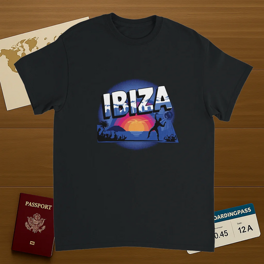 black Ibiza Unisex Travel T-Shirt on wooden background with world map, passport, and boarding pass