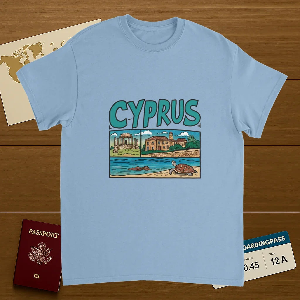 light blue Cyprus Unisex Travel T-Shirt on wooden background with world map, passport, and boarding pass