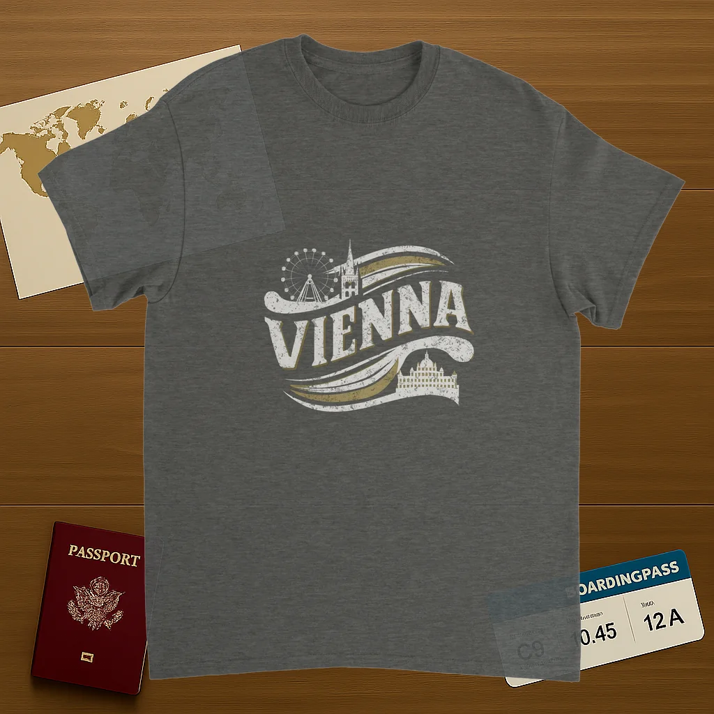 Vienna Austria Unisex Travel T-Shirt on wooden background with world map, passport, and boarding pass