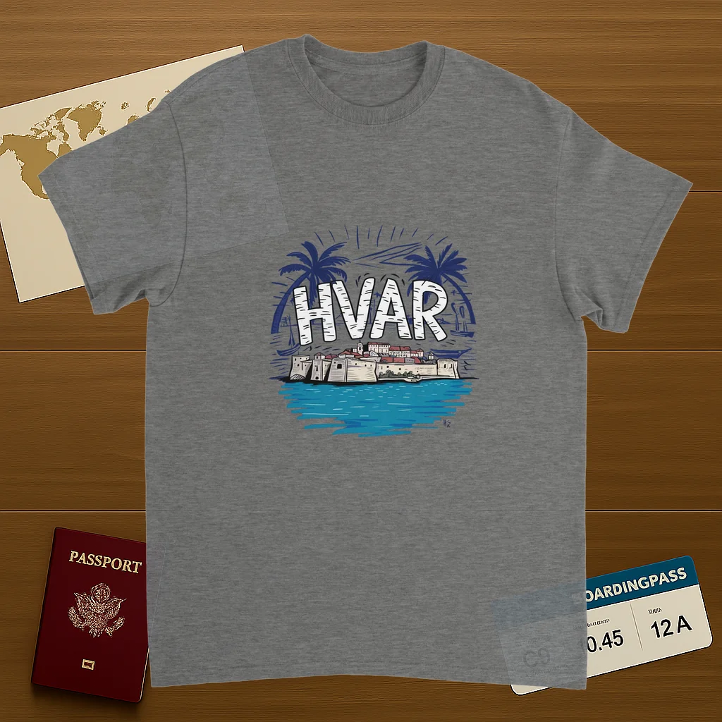 sport grey Hvar Croatia Unisex Travel T-Shirt on wooden background with world map, passport, and boarding pass