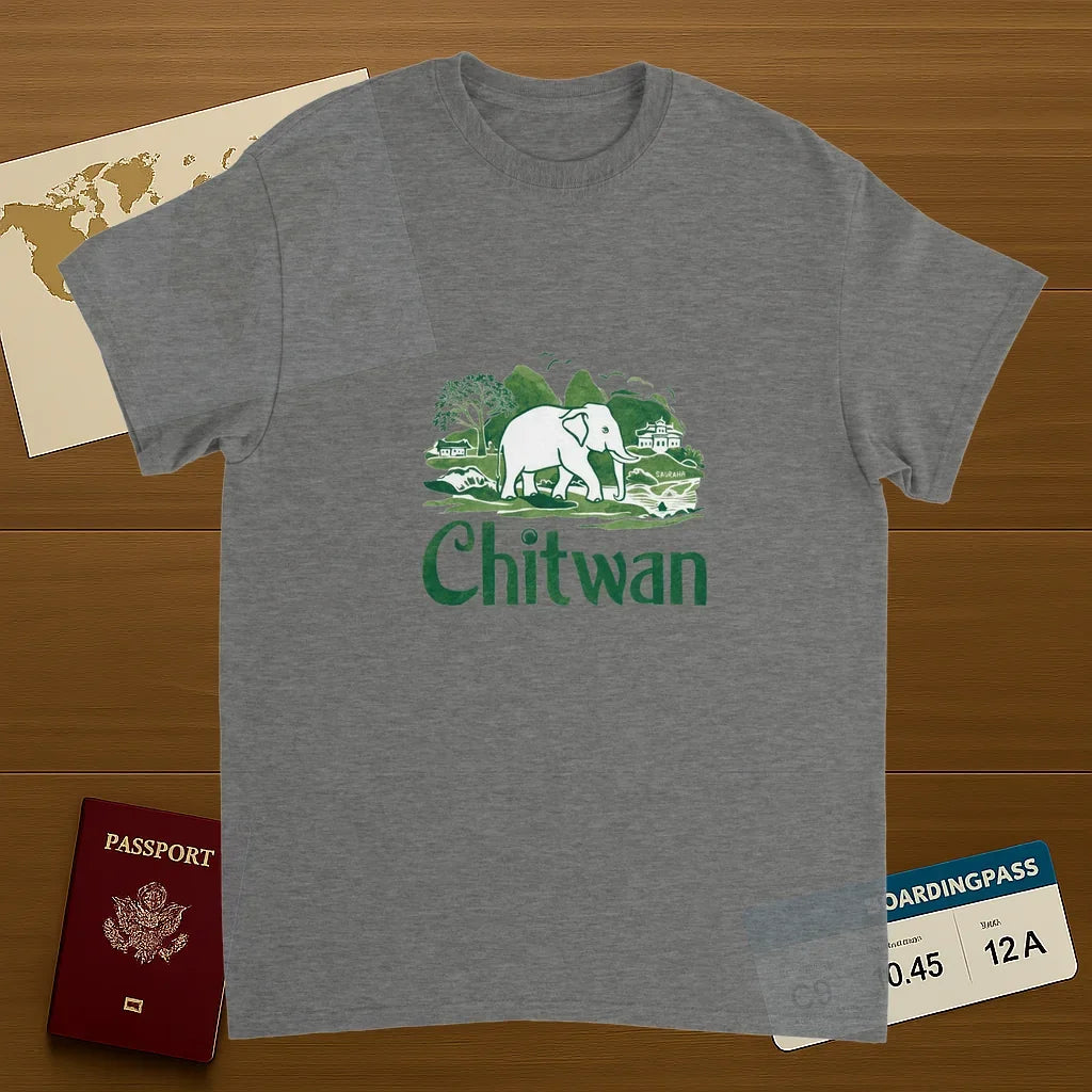 sport grey Chitwan Nepal Unisex Travel T-Shirt on wooden background with world map, passport, and boarding pass
