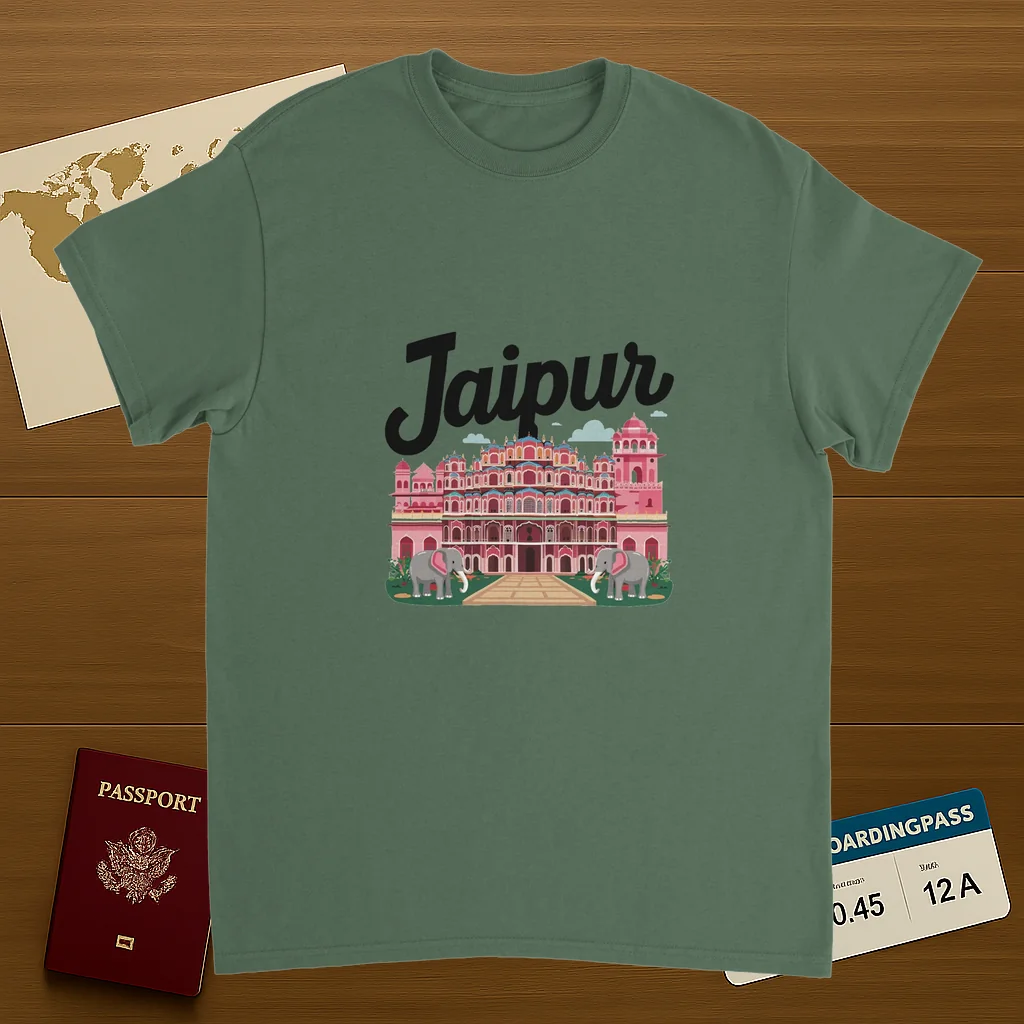 military green Jaipur India Unisex Travel T-Shirt on wooden background with world map, passport, and boarding pass