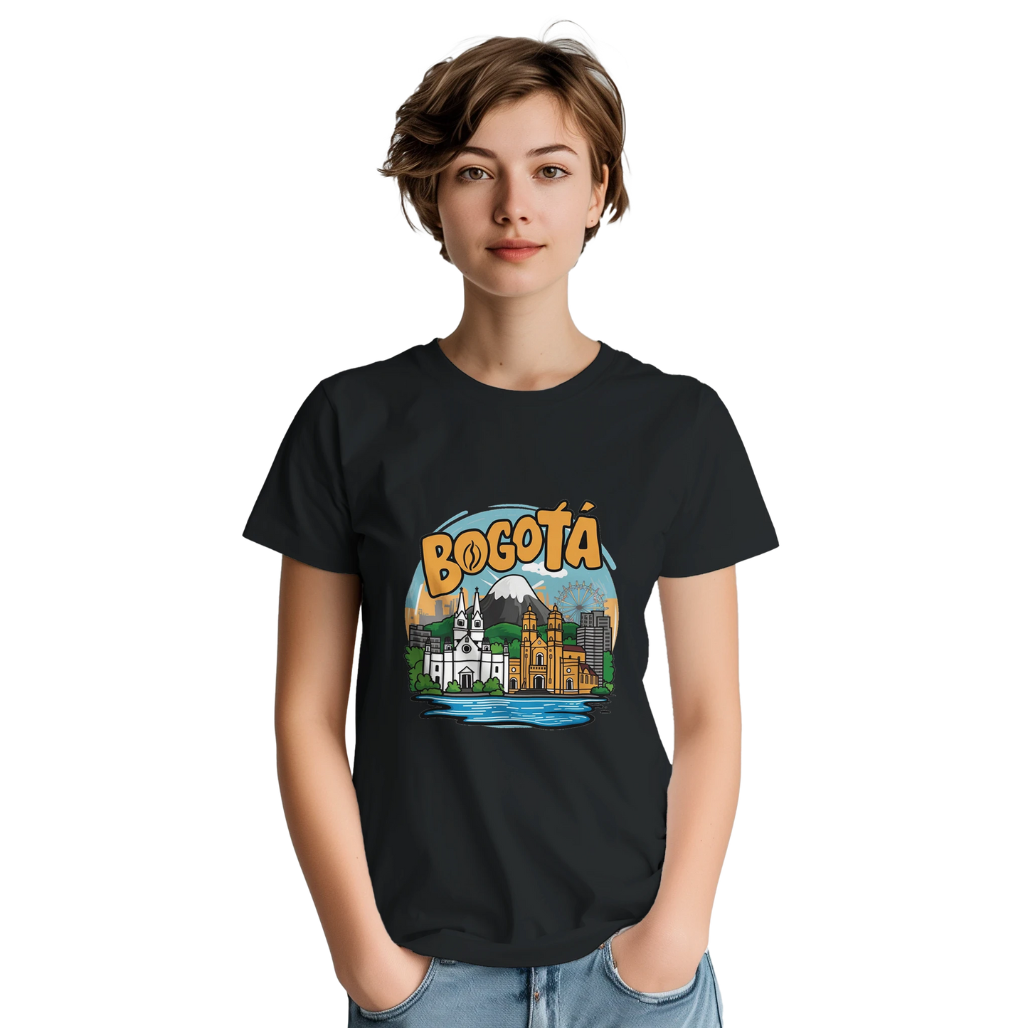 Bogotá Colombia Unisex Travel T-Shirt on wooden background with world map, passport, and boarding pass