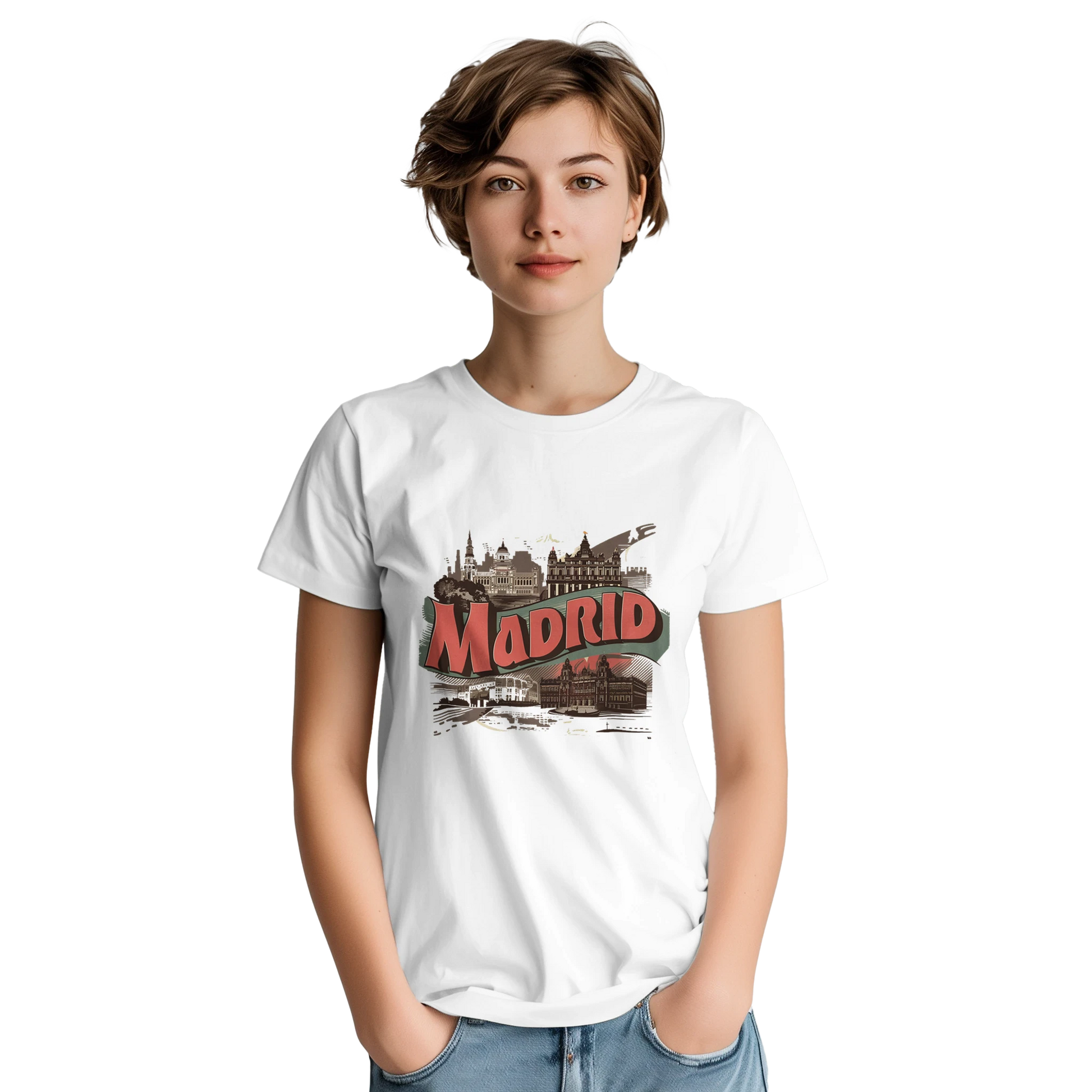Madrid Spain Unisex Travel T-Shirt on wooden background with world map, passport, and boarding pass