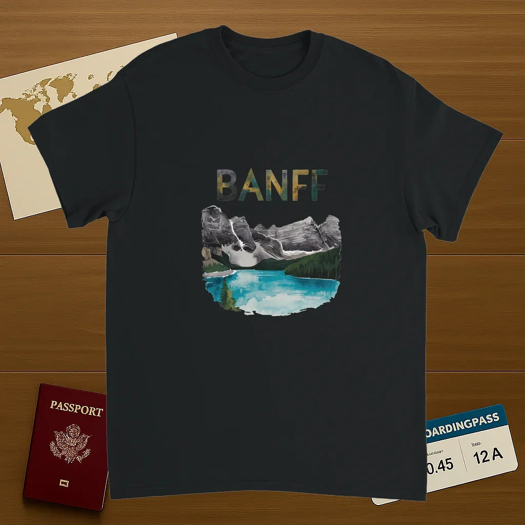 black Banff Canada Unisex Travel T-Shirt featuring a person